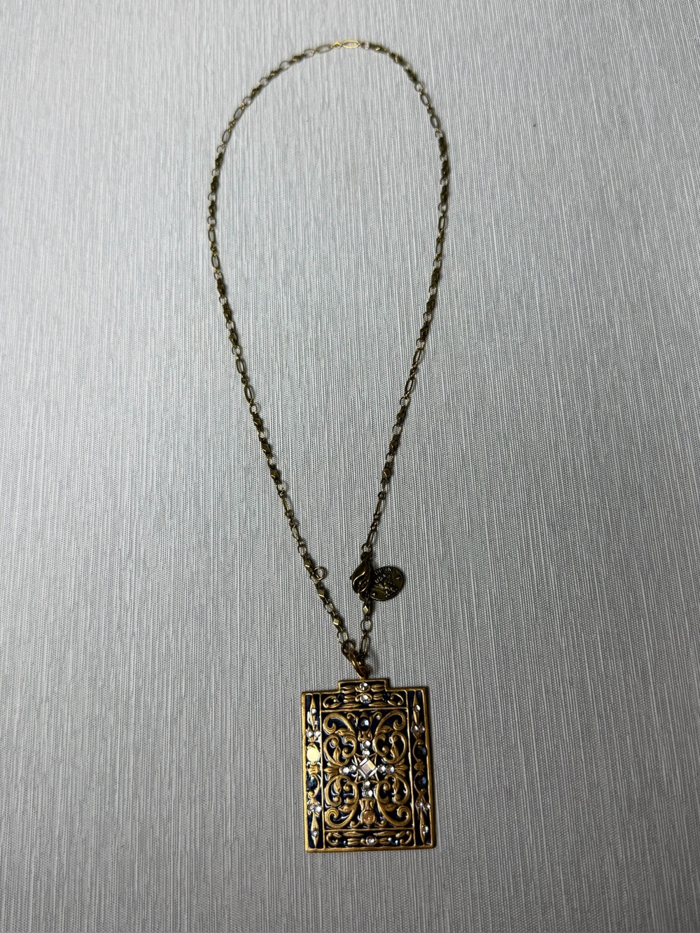 Anne Koplik Designs Vintage Rare Ornate Crystal Pendant Necklace Blue Gold Tone